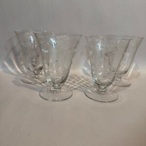 Set of 4 Vintage 8oz Etched Crystal Footed Water Goblets Iced Tea